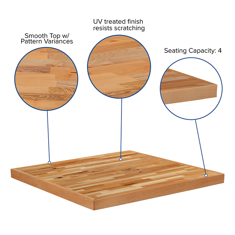 30'' Square Butcher Block style Restaurant Table Top in Solid Wood Natural