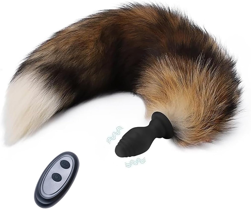 Medium Silicone Anal Plug with Fox Tail Design and Multiple Vibration Settings