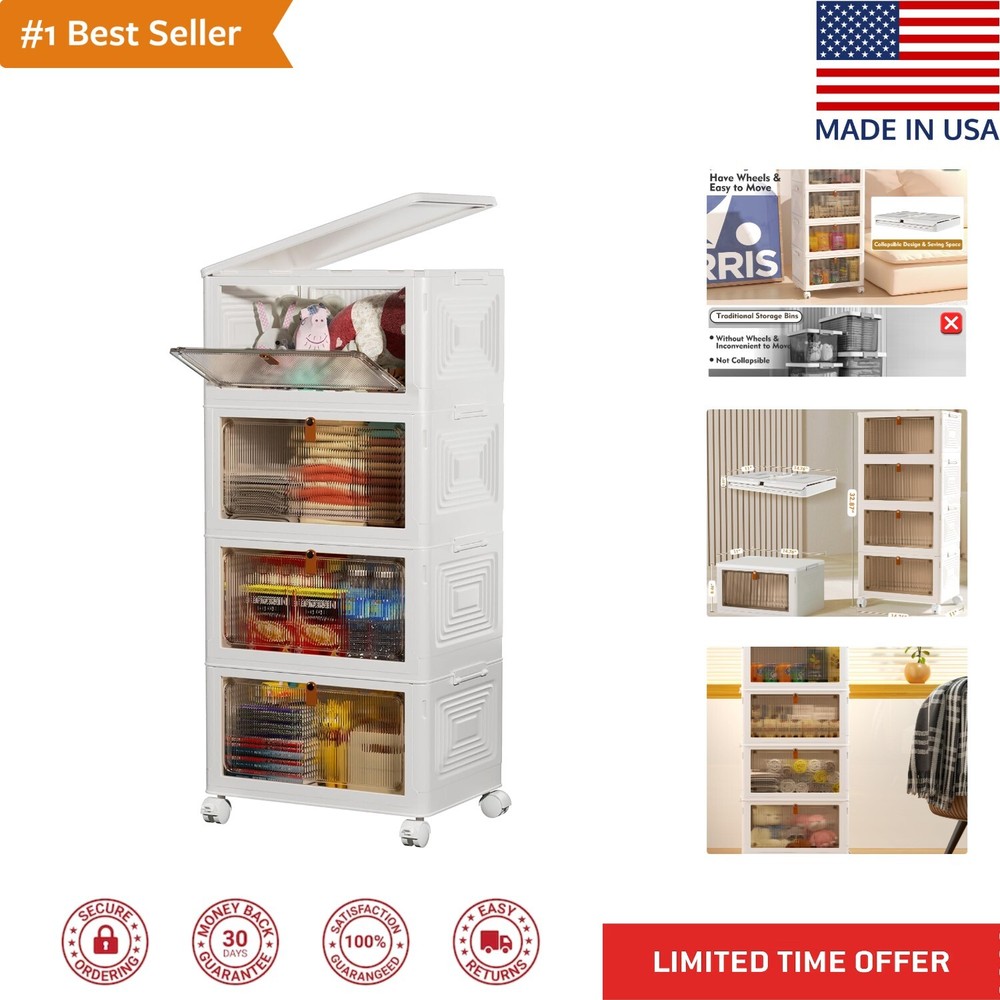 4 Tier Storage Bins with Wheels - Stackable Containers - Collapsible & Portable