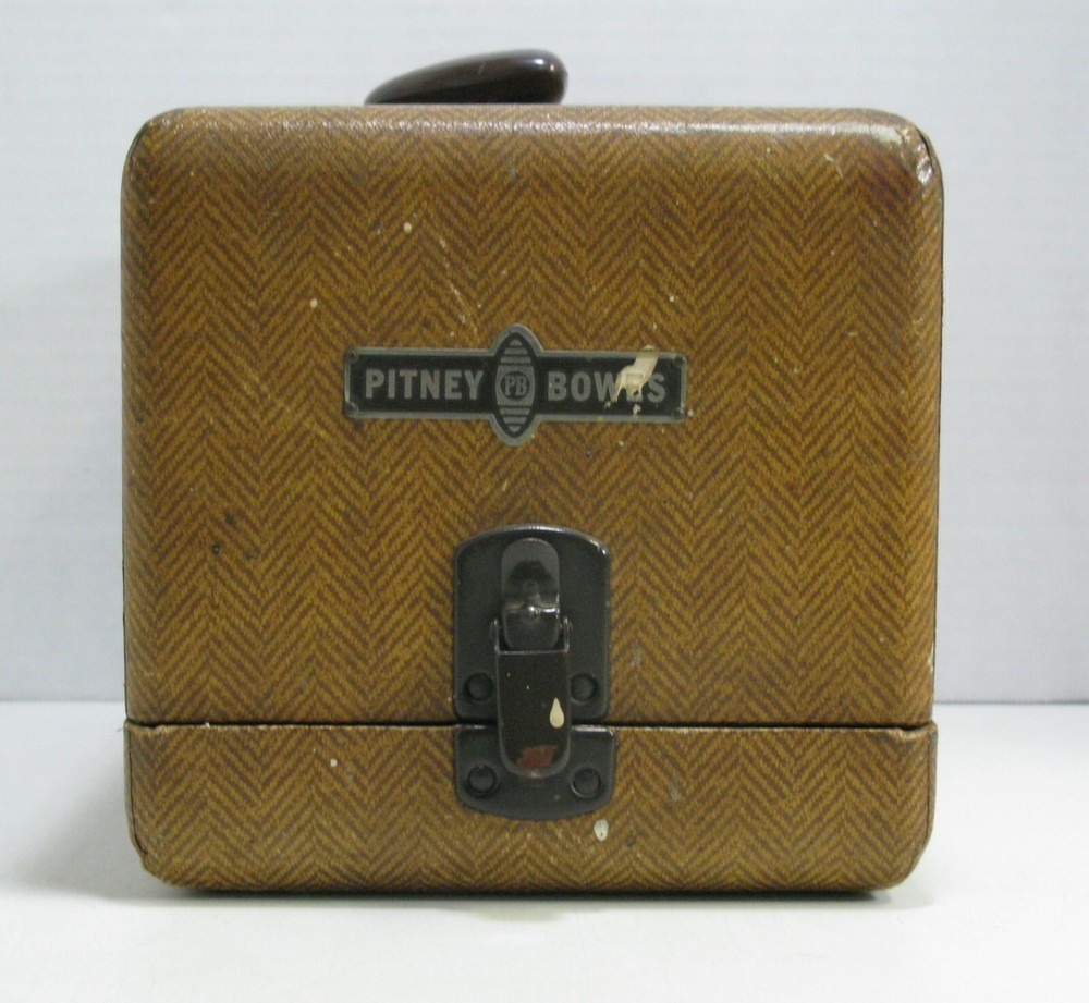 Vintage Pitney Bowes Hard Case Handle Brown Herringbone Pattern Empty Repurpose