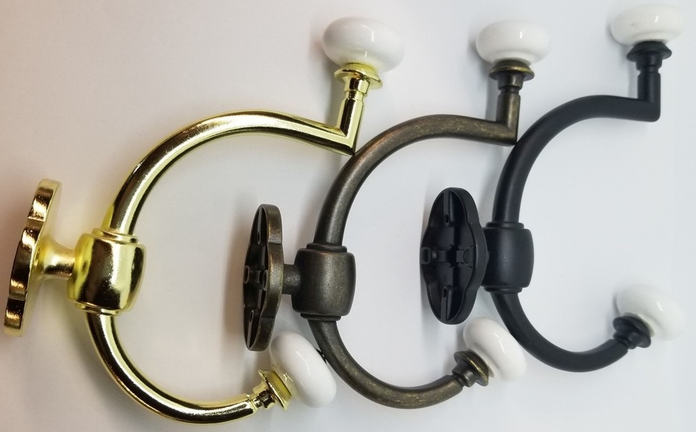 Flat Black Cast Double Front Mount Coat Hook Porcelain Knobs old classic antique