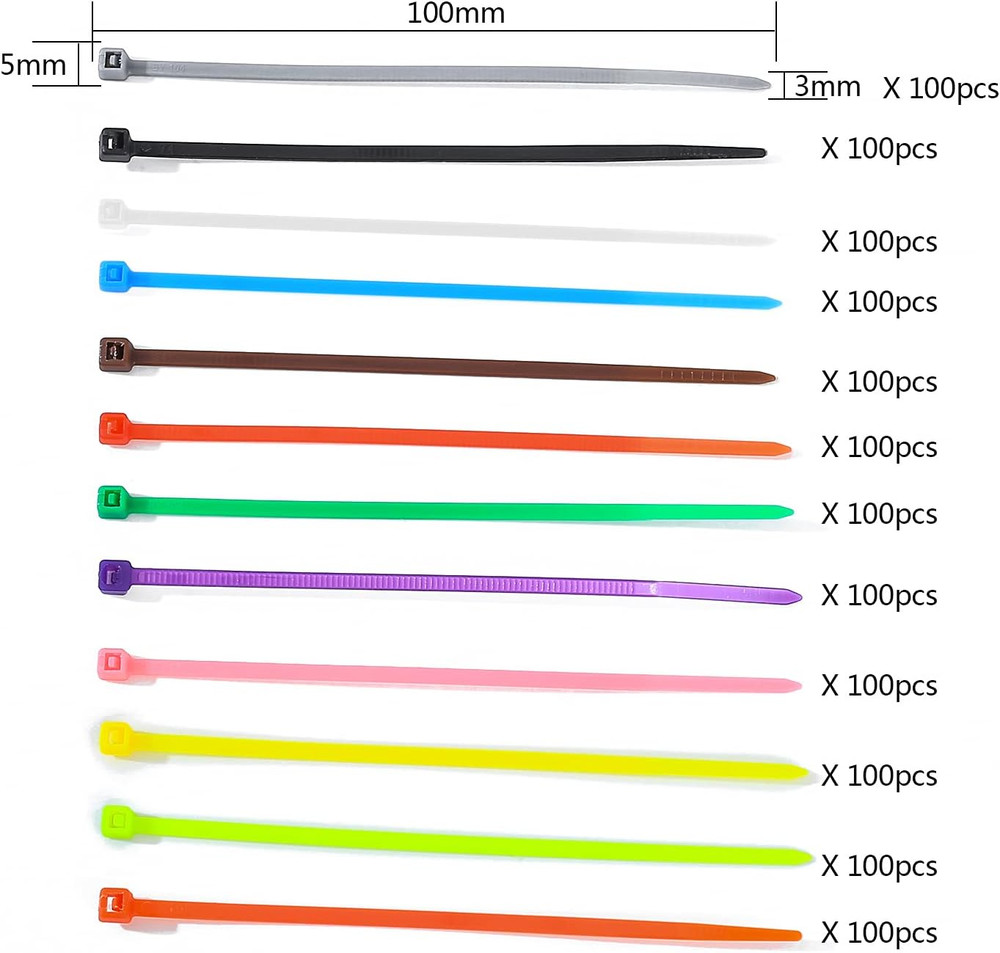 1200 Pcs Mixed Colored Zip Ties, 4 Inch Multicolor Self-Locking Nylon Cable Zip