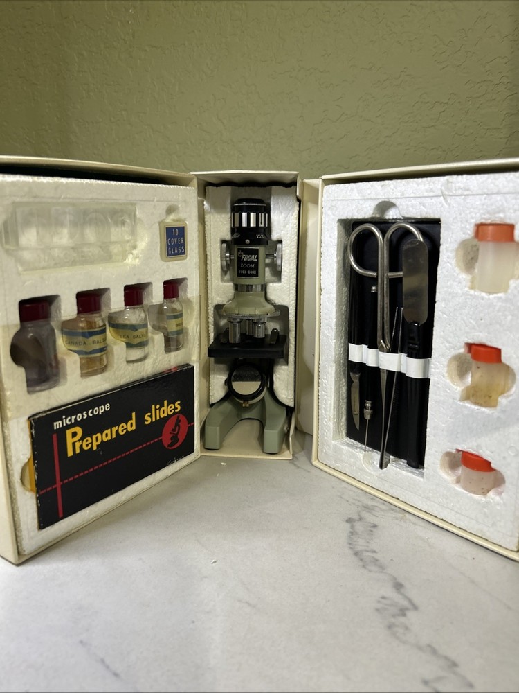 Vintage Focal  Microscope Set & Case With Prepared Slides Accessories
