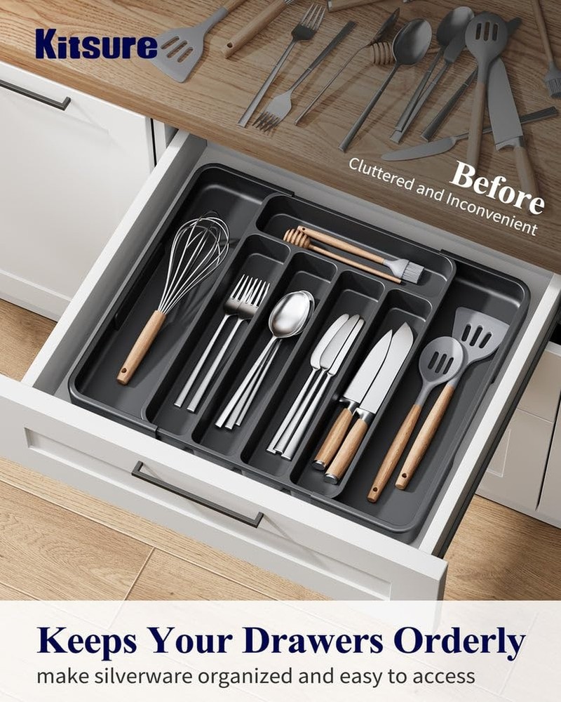 Kitsure Silverware Organizer - Adjustable Kitchen Drawer Organizer, Utensil O...