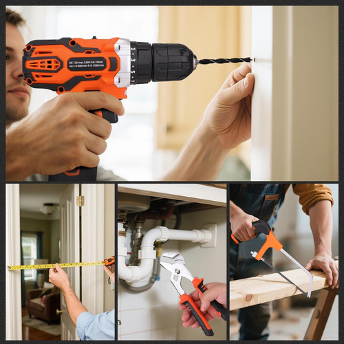 255-Piece Tool Set - Kit with 12V Cordless Drill Driver, Toolbox Orange