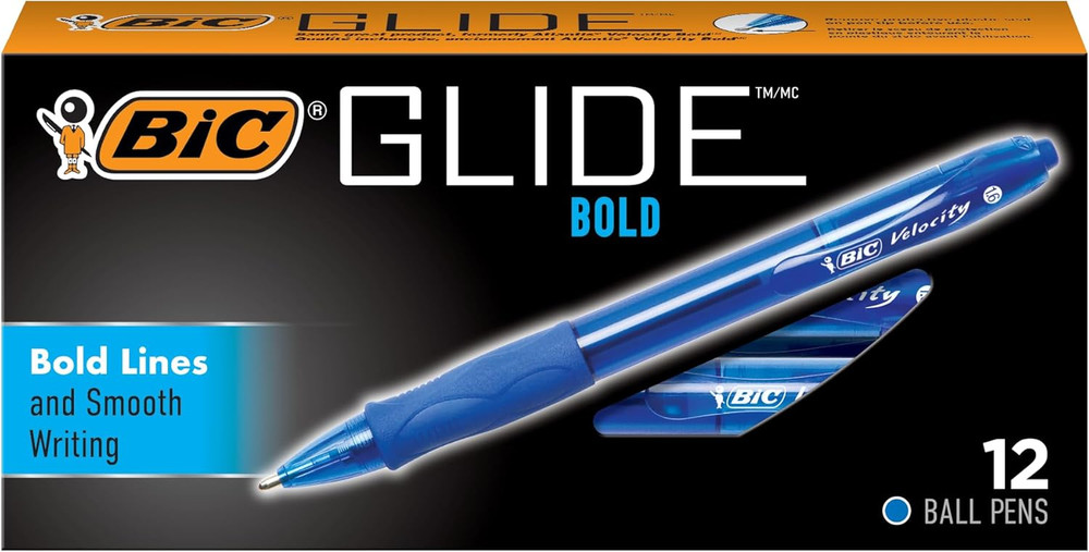 BIC Glide Bold Blue Ballpoint Pens, Bold Point (1.6Mm), 12-Count Pack