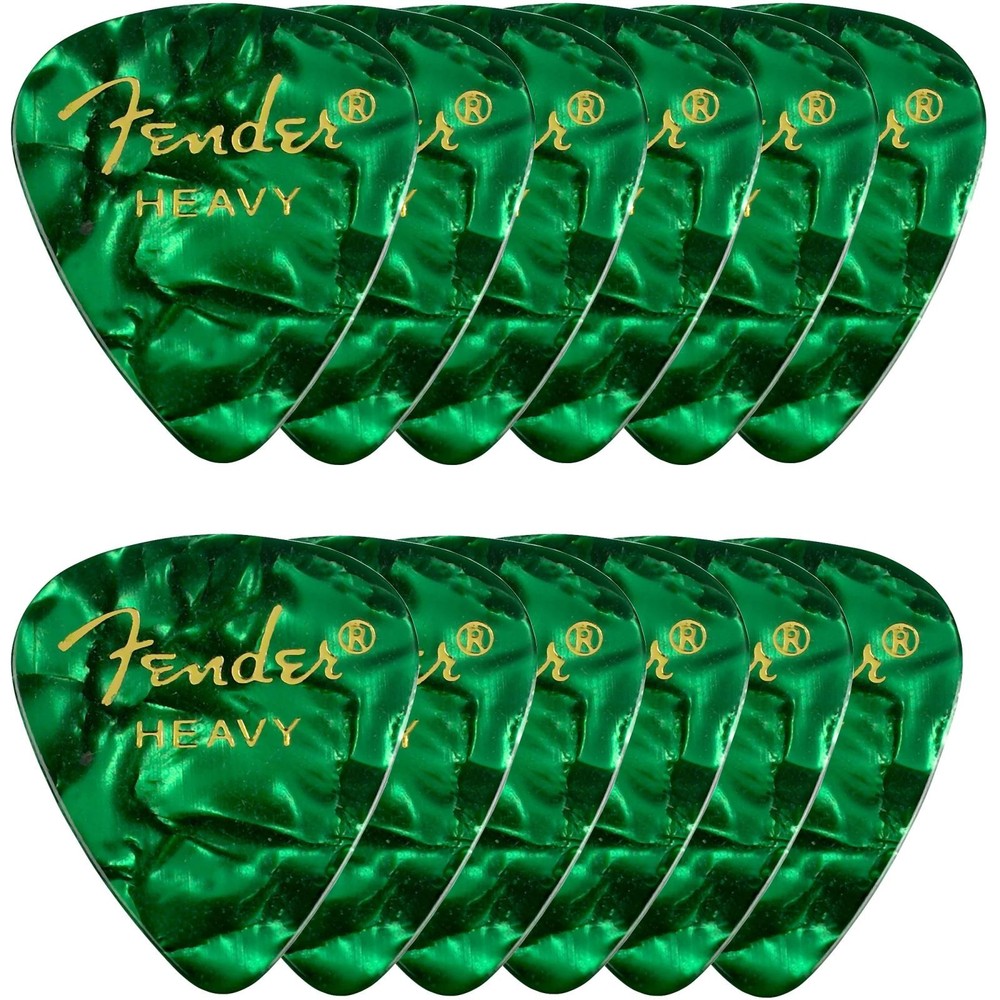 Fender Premium Celluloid 351 Shape Guitar Picks, Heavy, Green Moto, 12-Pack