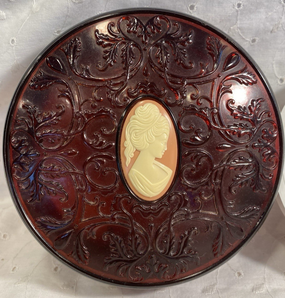 Vintage Avon Plastic Brown Cameo Box with Original Powder Liner Insert EUC