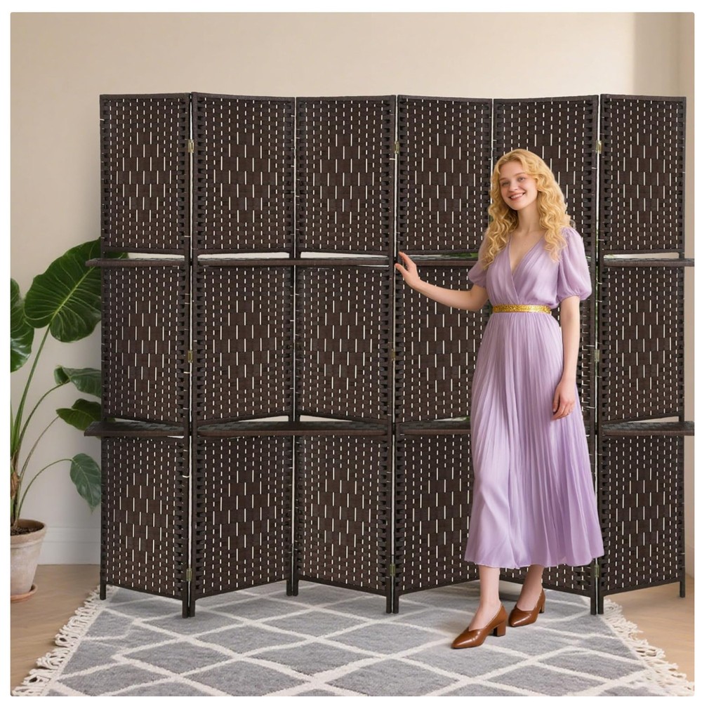 6 Panel Room Divider Screen with Storage Shelves, Dark Brown