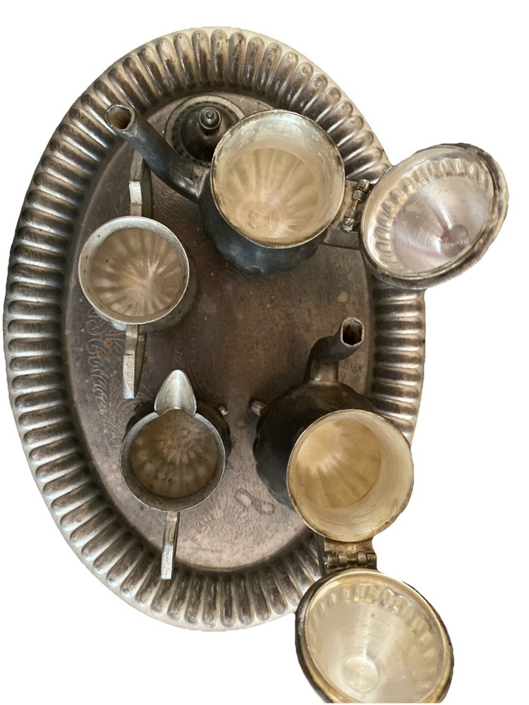 Mini Silverplated Tea Set Teapot Creamer Sugar Platter 5