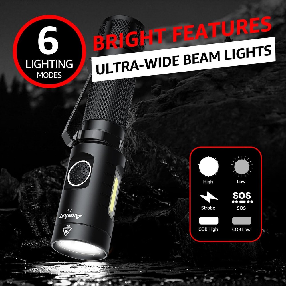 2Pack, axefury A5 Magnetic LED Flashlight, Tactical Flashlight, Cob worklight