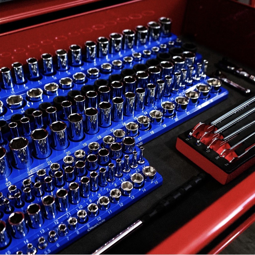 Olsa Tools 3-Row Magnetic Socket Organizer Patented 3pc Holder Kit Blue