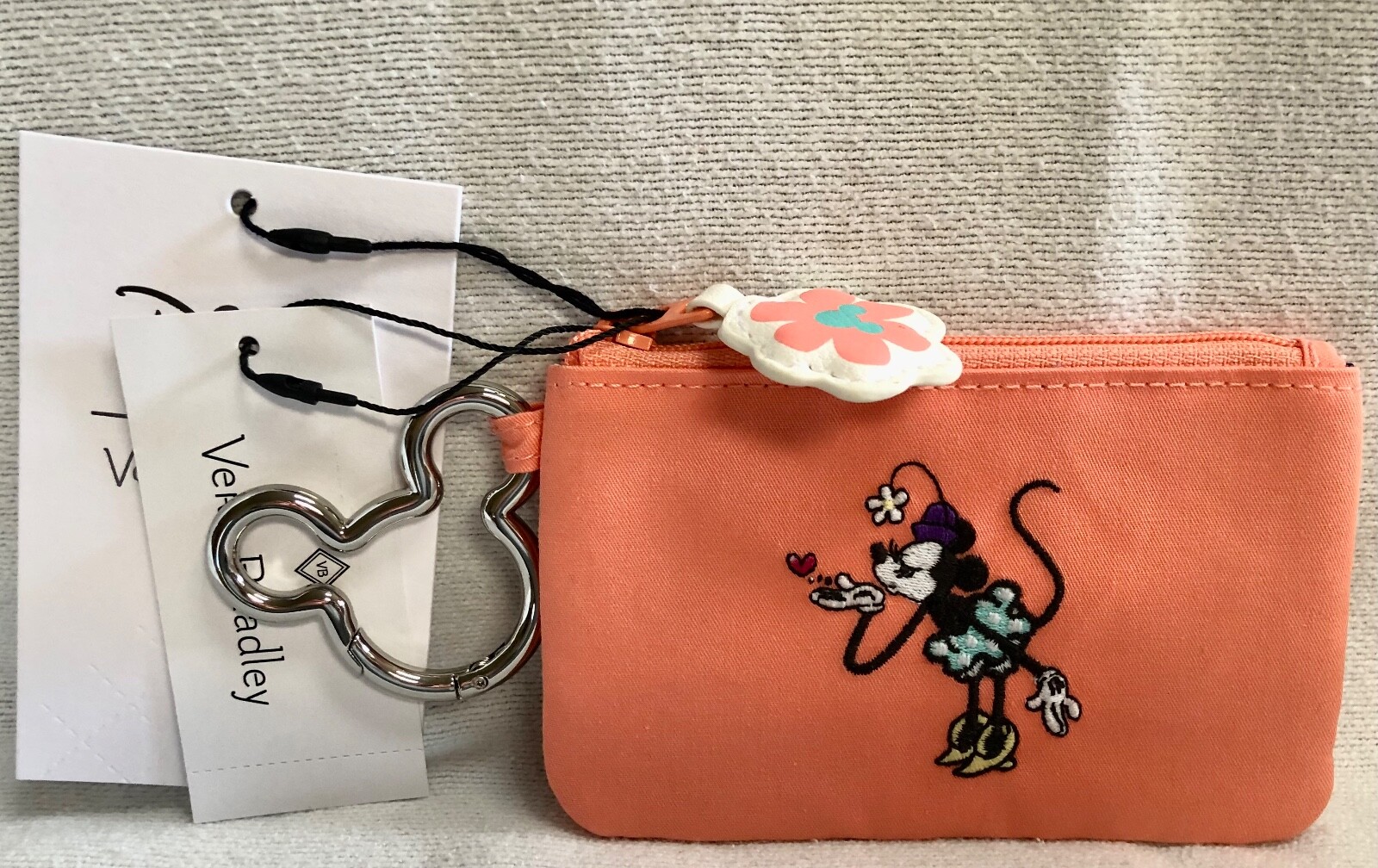 Vera Bradley Disney Sensational Minnie Mouse Zip ID Case Peach Cotton Keyring