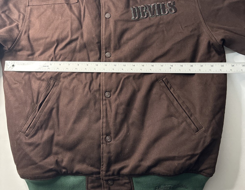 Stall & Dean Devils Soccer Brown & Green Quilt Lined Varsity Jacket Size Large