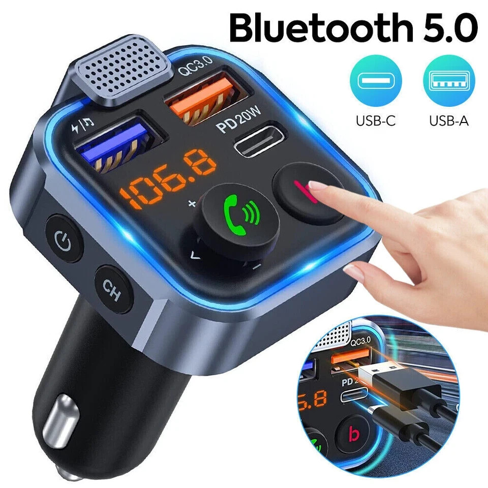 Bluetooth 5.0 Car Wireless FM Transmitter Adapter 2USB PD Charger AUX Hands-Free