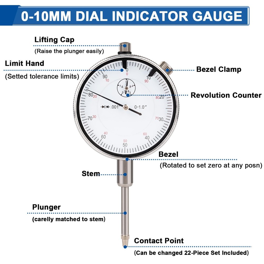 Dial Indicator with Magnetic Base, 0-1"×0.001" Precision Dial Test Indicator ...