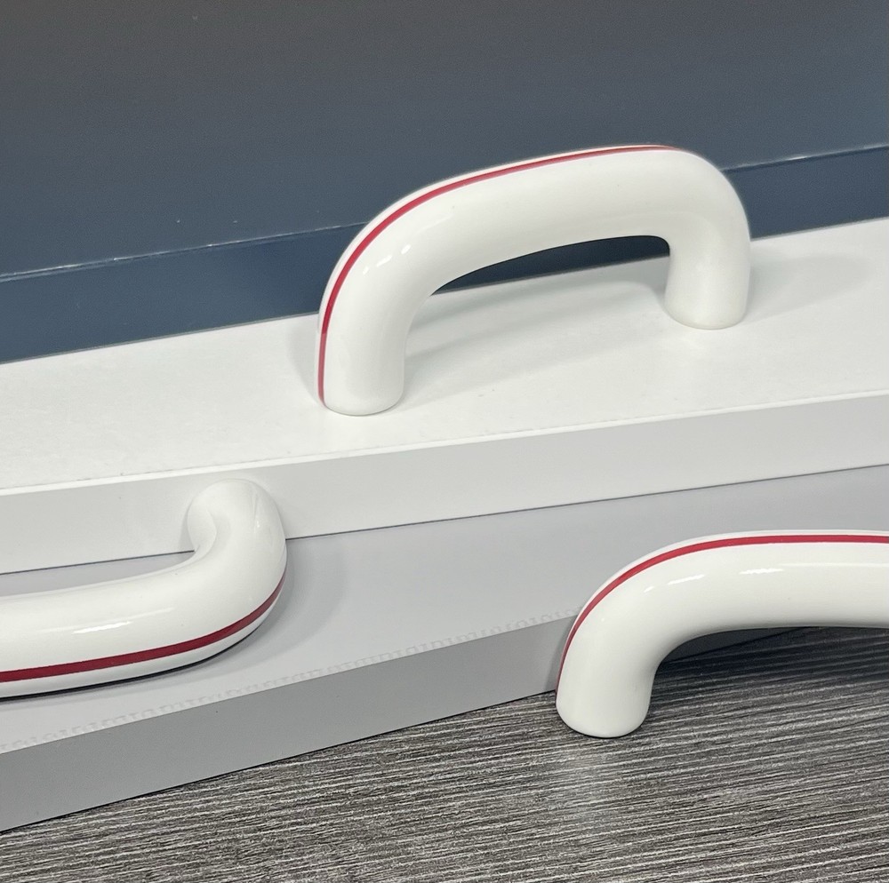 White Porcelain Ceramic Cabinet Handle Kitchen Pull Bath Drawer Red Stripe