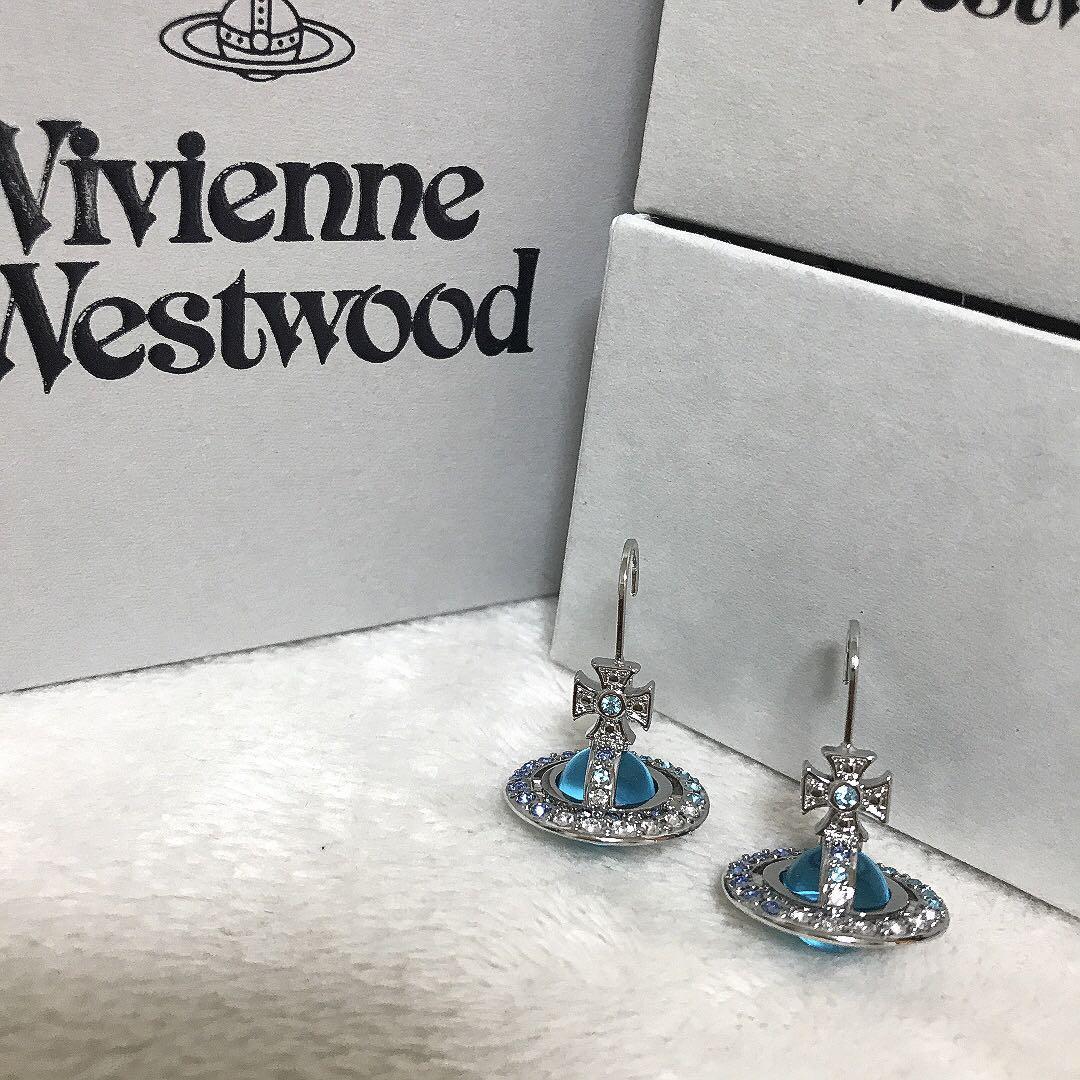 Vivienne Westwood Earrings Tri-Color Stone Tiny Orb Light Blue NO BOX [EJ788