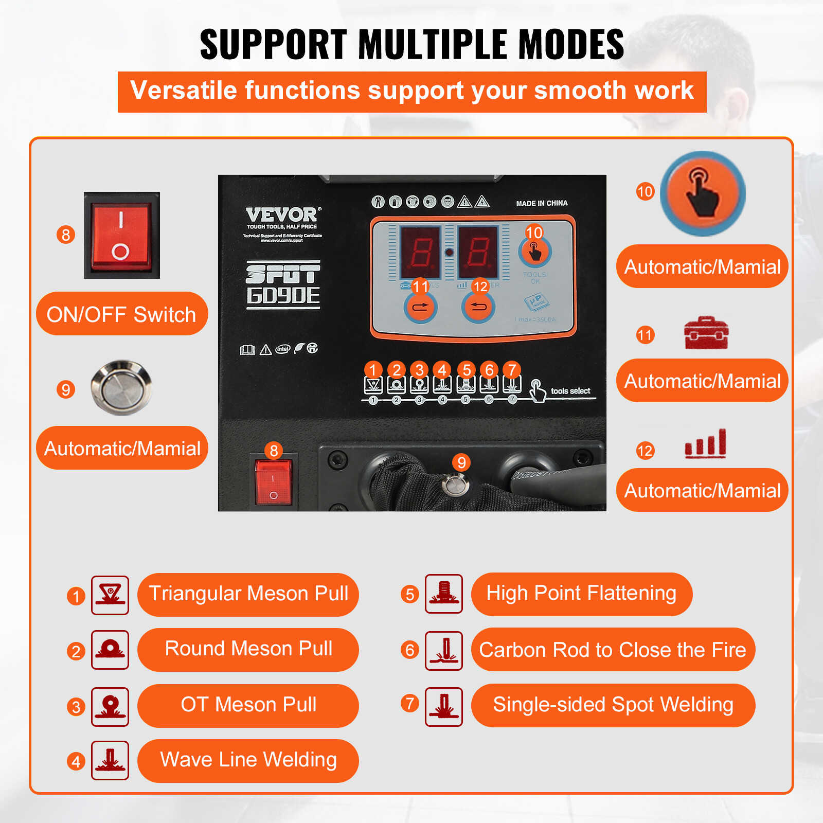 VEVOR Panel Spot Puller G90E Vehicle Dent Spotter 7 Modes Bonnet Door Repair 3KW