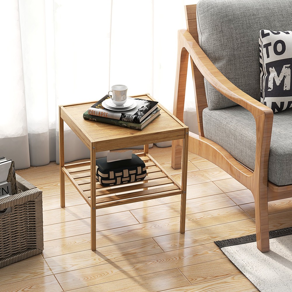 2 PCS 2-Tier Bamboo Nightstand Side Table Small Accent Table End Table Natural