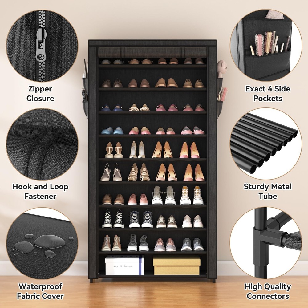 ROJASOP 10 Tier Shoe Rack with Covers,Large Capacity Stackable Tall Shoe Shel...