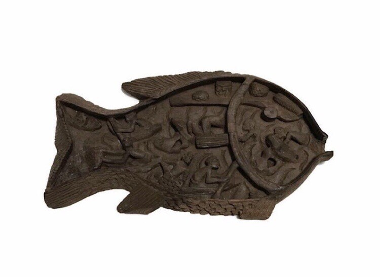 Antique African Carved Wood Fish Depicting Men Working Inside