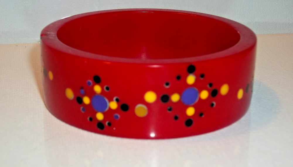 GORGEOUS!  "Red Slice" Bakelite Bracelet Multi Inlaid dots