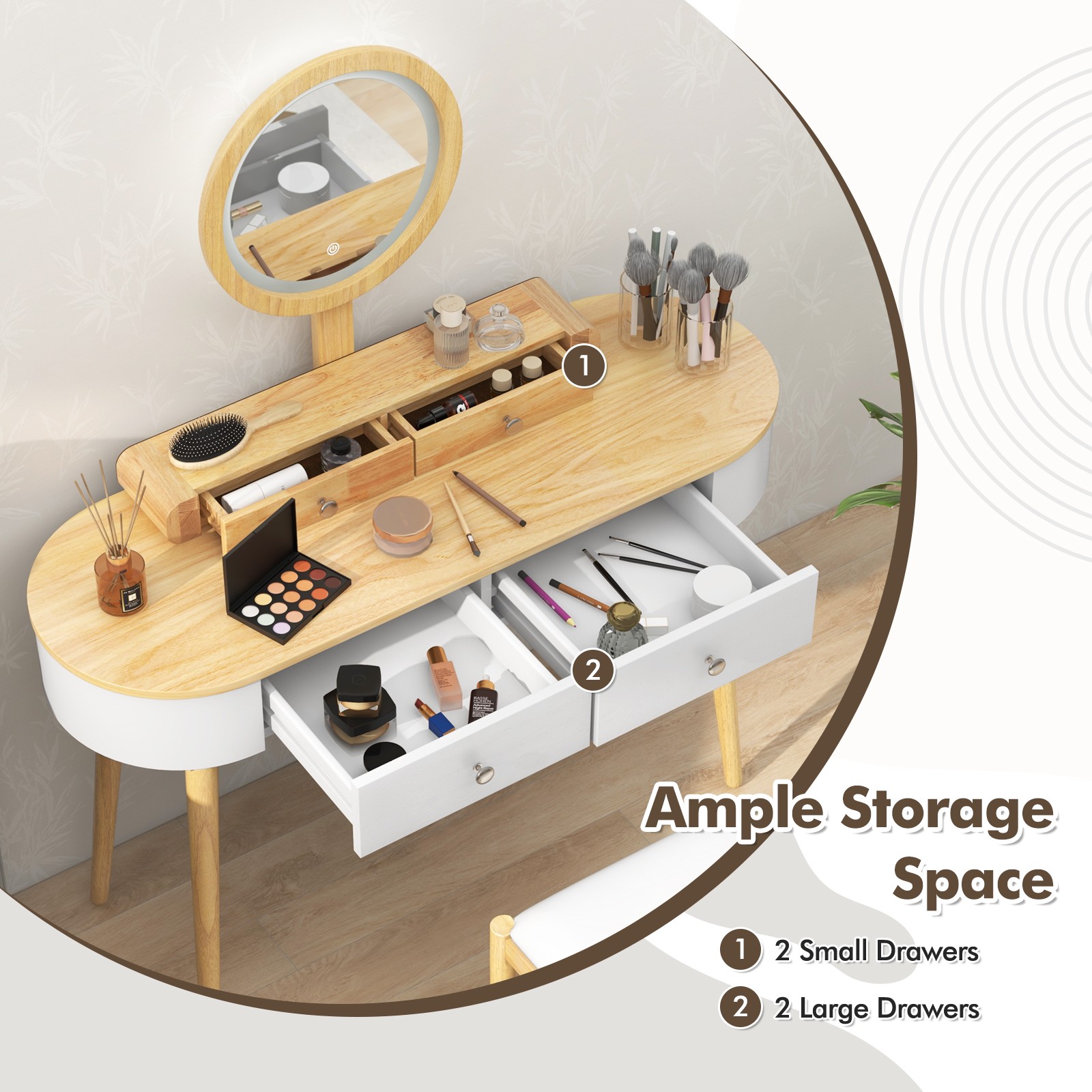 Solid Wood Makeup Vanity Desk Set w/LED Lighted Mirror, Drawers, Cushioned Stool