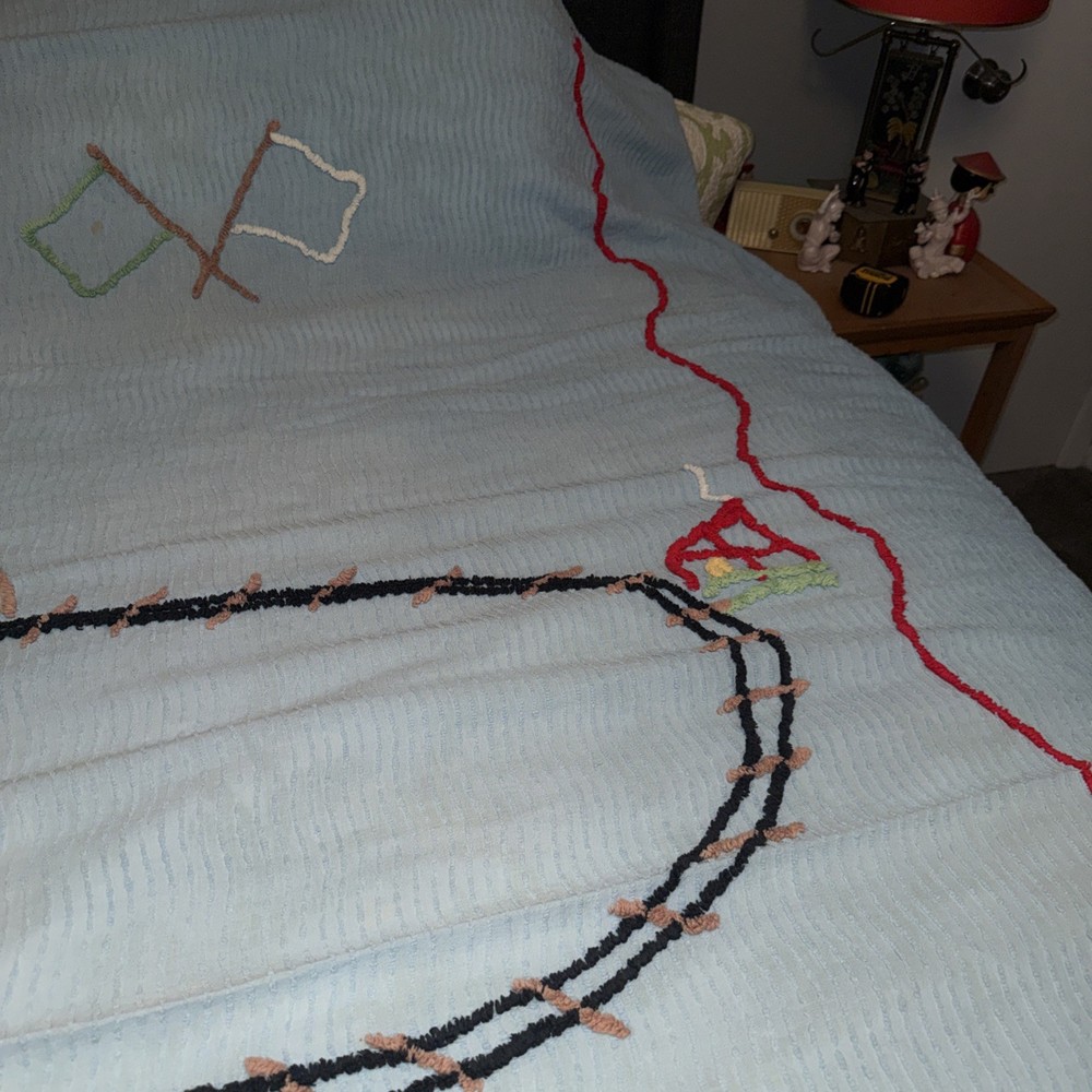 RARE chenille Train Bedspread 72x98