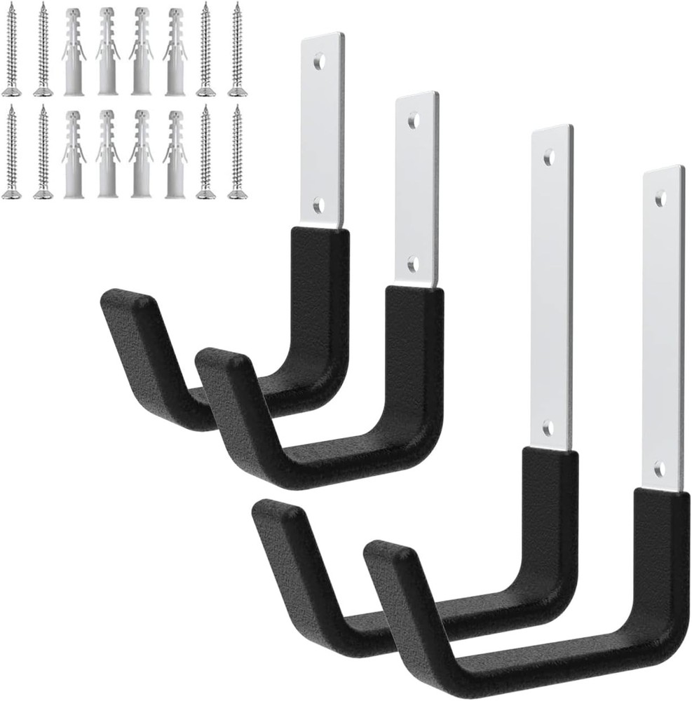 Heavy Duty Utility Hooks - Wall Mount 2 Small & 2Medium, Silver and Black