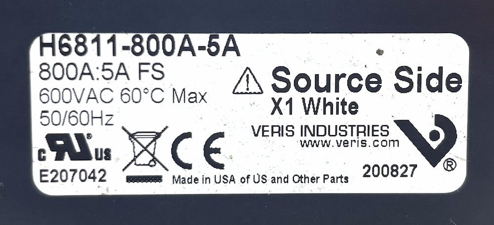 VERIS H6811 800A:5A 600 Vac Split Core Current Transformer