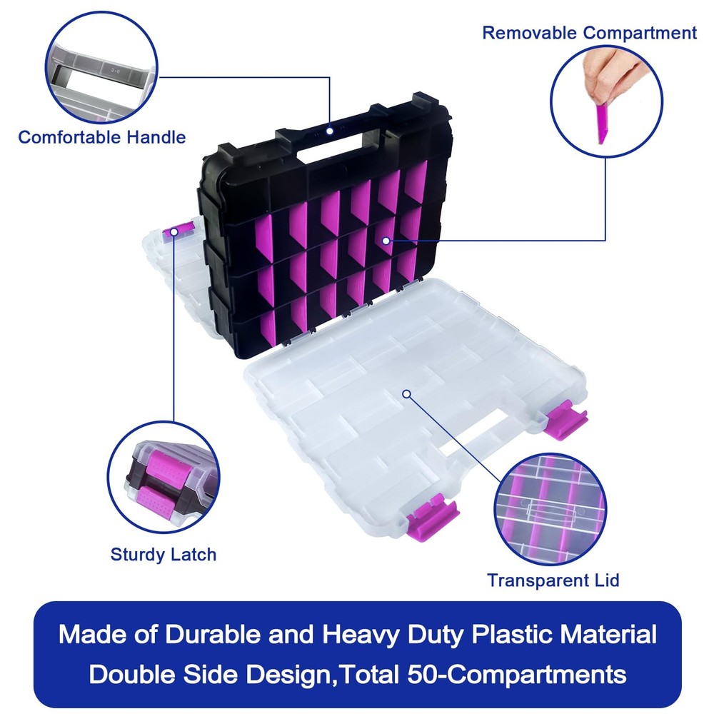 Tools Organizer Box Small Parts Storage 50-Compartment Double Side Purple