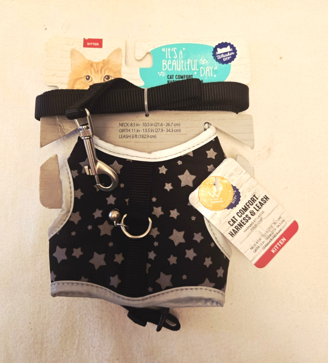 Whisker City Kitten Cat Comfort Harness W/Leash - Black W/Silver Stars. * NEW *