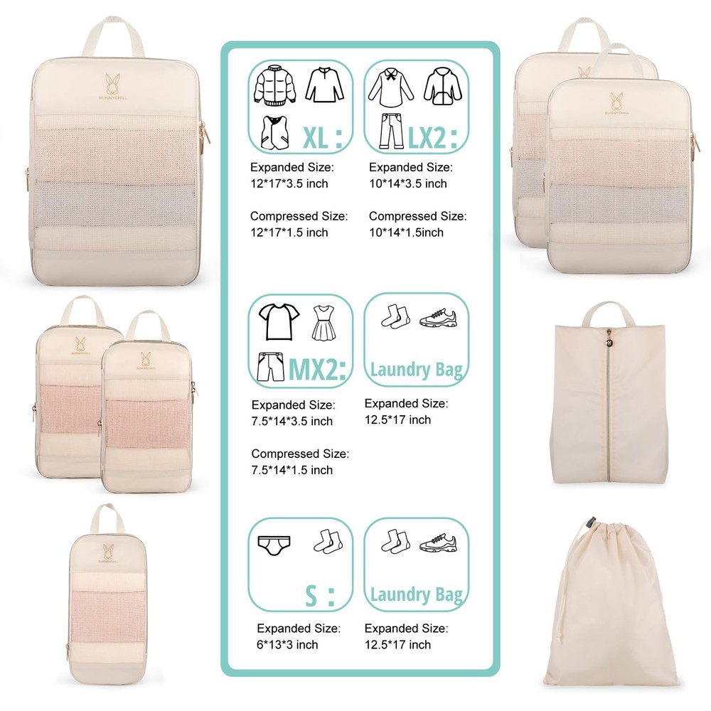 Expandable Compression Packing Cubes for Suitcases,6 Set Lightweight Compress...