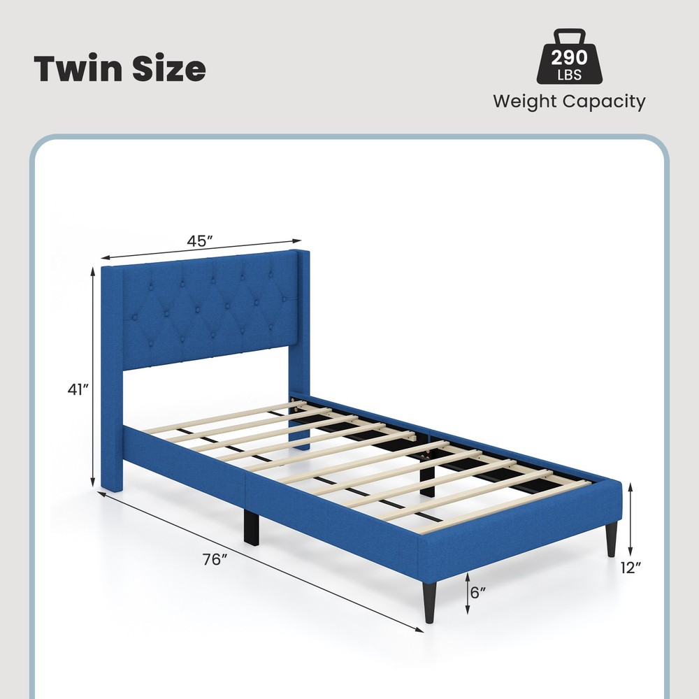 Twin Size Upholstered Platform Bed w/ Button Tufted Wingback Headboard Blue