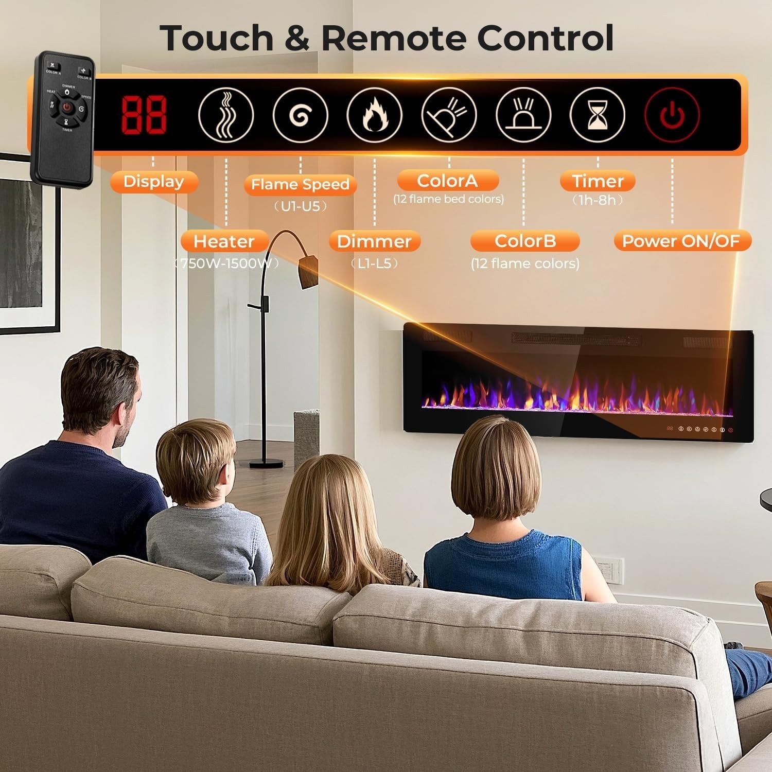 60" Electric Fireplace Recessed and Wall Mounted, 750/1500W Ultra-Thin Electric