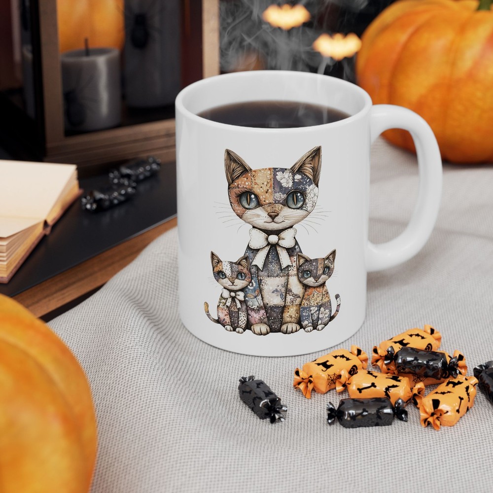Patchwork Cat Mug Cat Patchwork Art Gift Cute Coffee Cup for Women