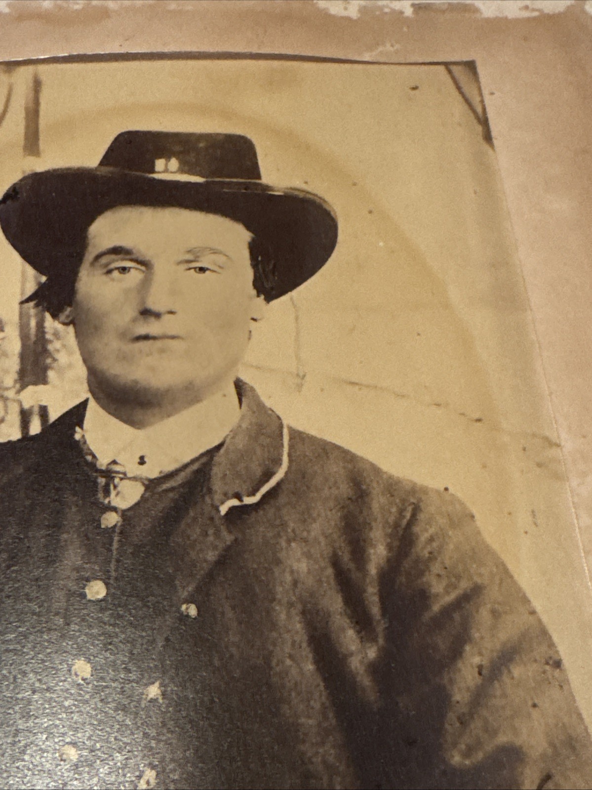 Civil War Union Soldier Albumen Image Slouth Hat Cartridge Box Tent Background