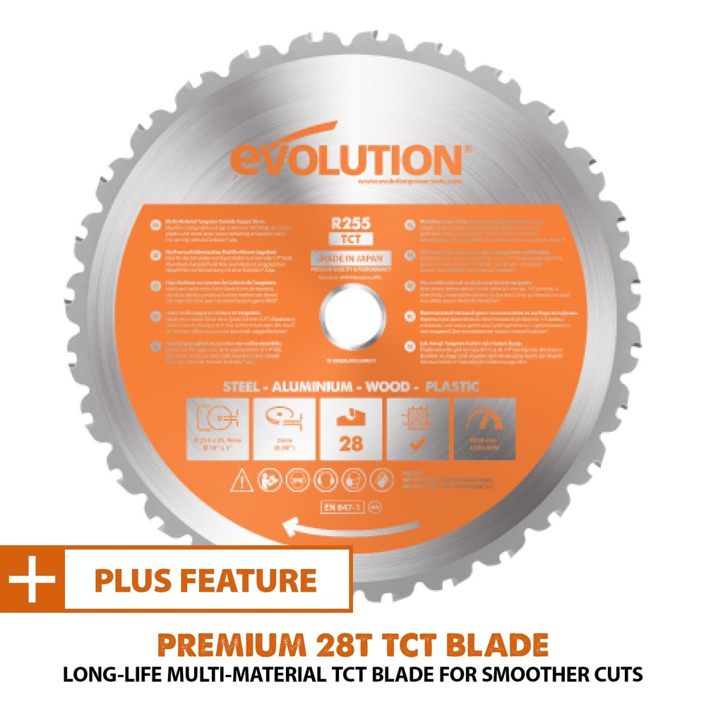 Evolution R255SMS-DB+: Dual Bevel Sliding Miter Saw With 10 in. Multi-Material C