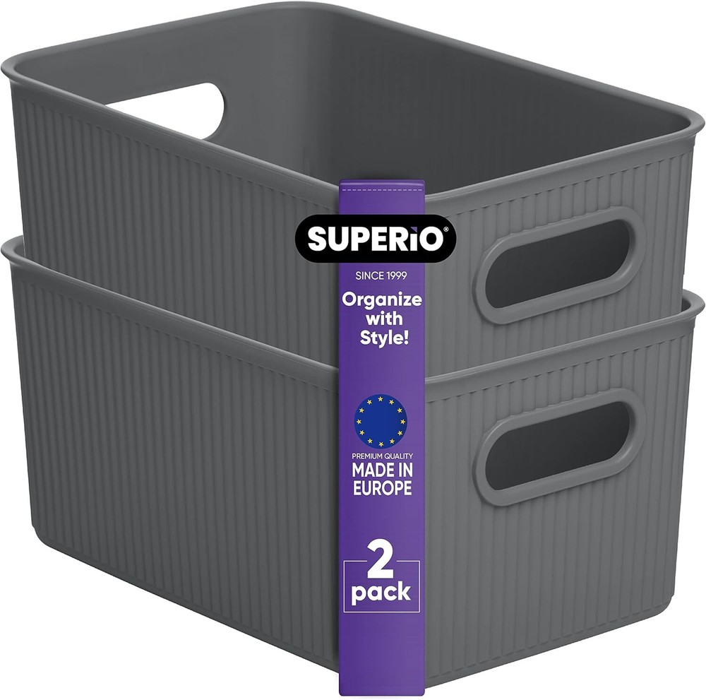 Superio 5L Small Ribbed Storage Bin- Plastic Storage Bin  (2 Pack, Grey)