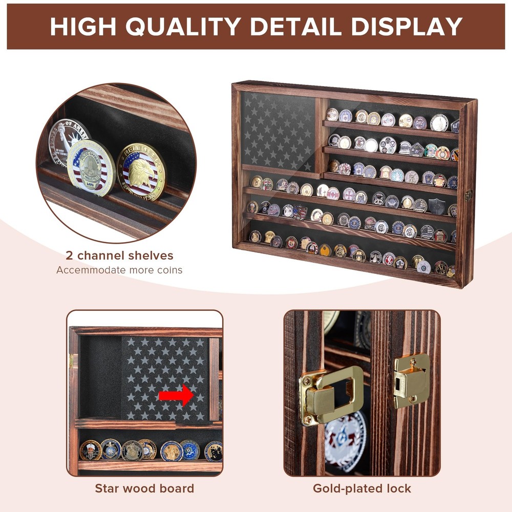 MOCAS Challenge Coin Display Case Lockable Solid Wood Wall Mount Holder Removabl