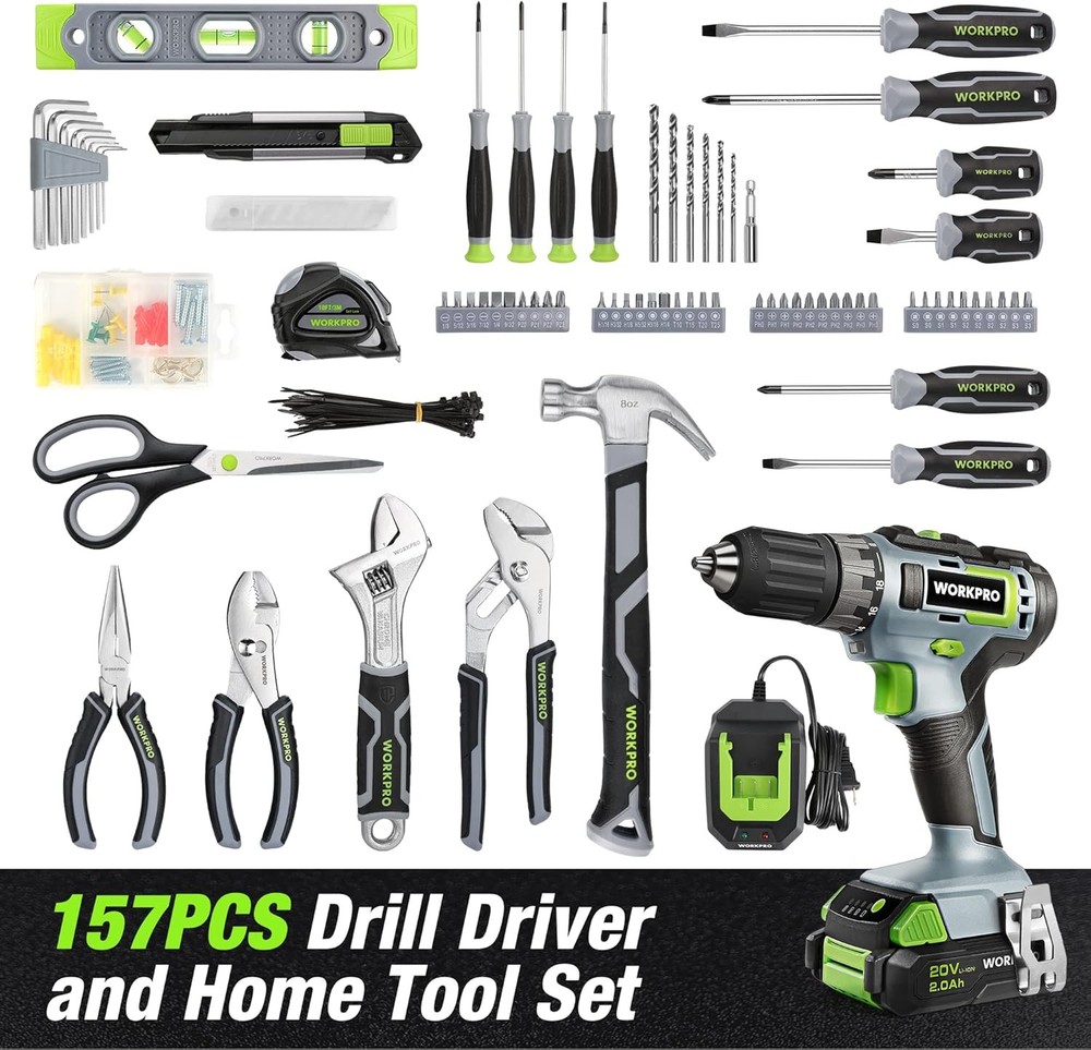 157PCS Power Drill Sets with 20V Cordless Lithium-Ion Drill Driver