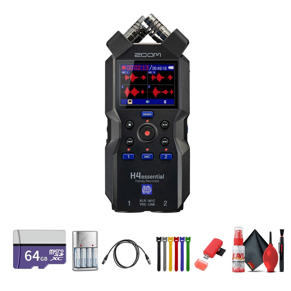 Zoom H4essential 4-Track 32-Bit Float Audio Recorder, Memory Card 64GB, Bundle