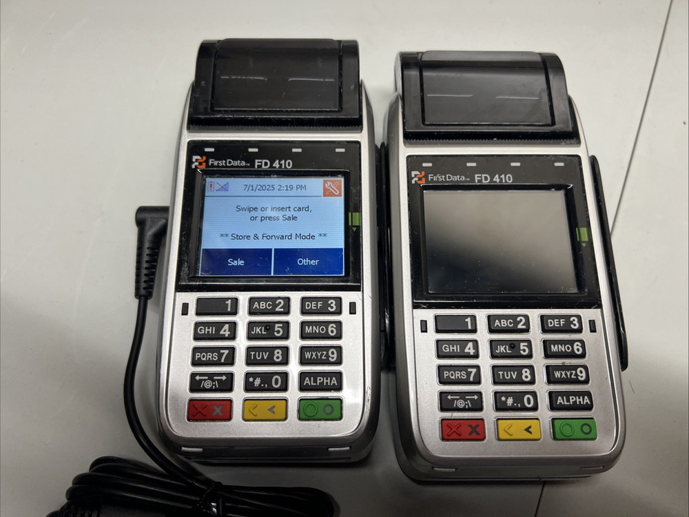 Two First Data FD 410 Wireless Credit Card Terminals - One power adapter