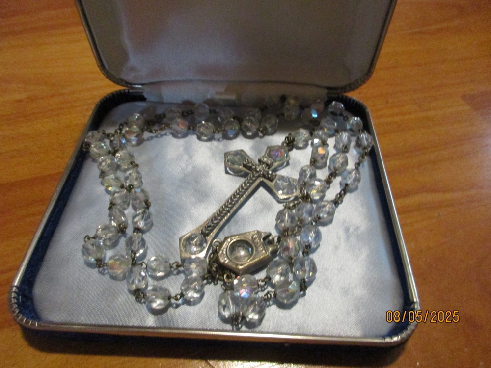 Vintage Eau De Lourdes Clear Beads Rosary 23"  Marked Italy Preowned