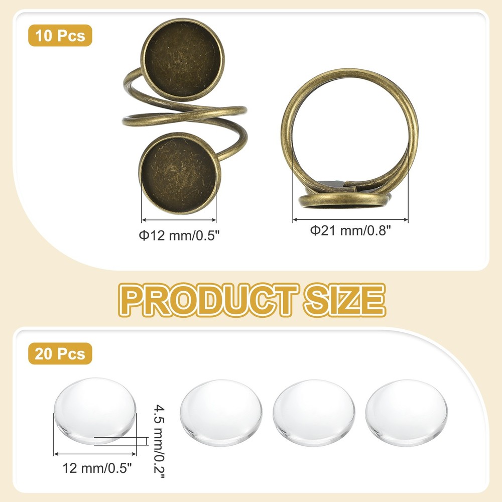 10Pcs 12mm Ring Blank Base with 20Pcs Cabochon(Bronze)