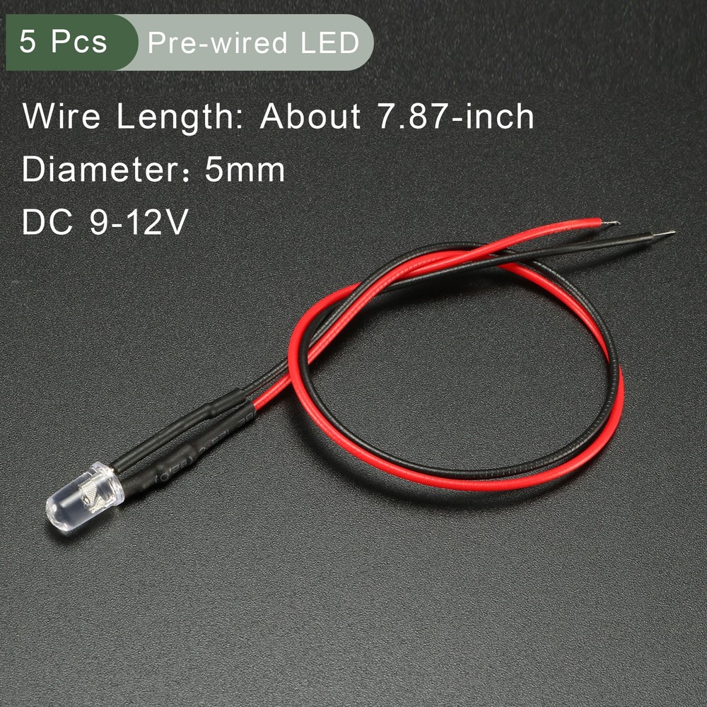 5Pcs Pre Wired LED,Round Head LED(Multicolor,5mm,DC9-12V)
