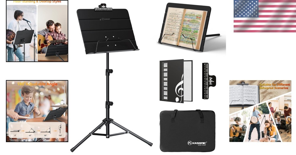 Sleek Black Music Stand with Adjustable Angle & Height - Ideal for Home & School
