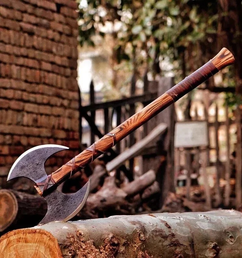 Custom Hand Forged Double Headed Viking Axe,Double Blade Axe with leather sheath