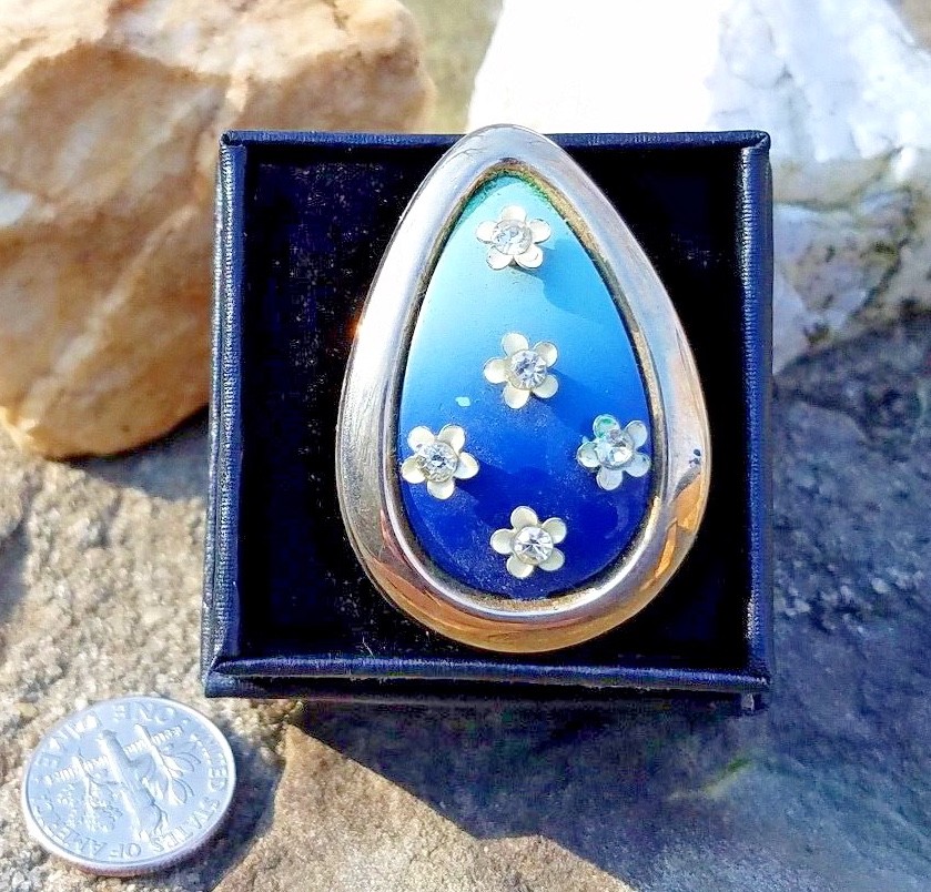 UPCYCLED ENAMEL RHINESTONE FLOWER RING, BLUE, REPURPOSED, ADJUSTABLE
